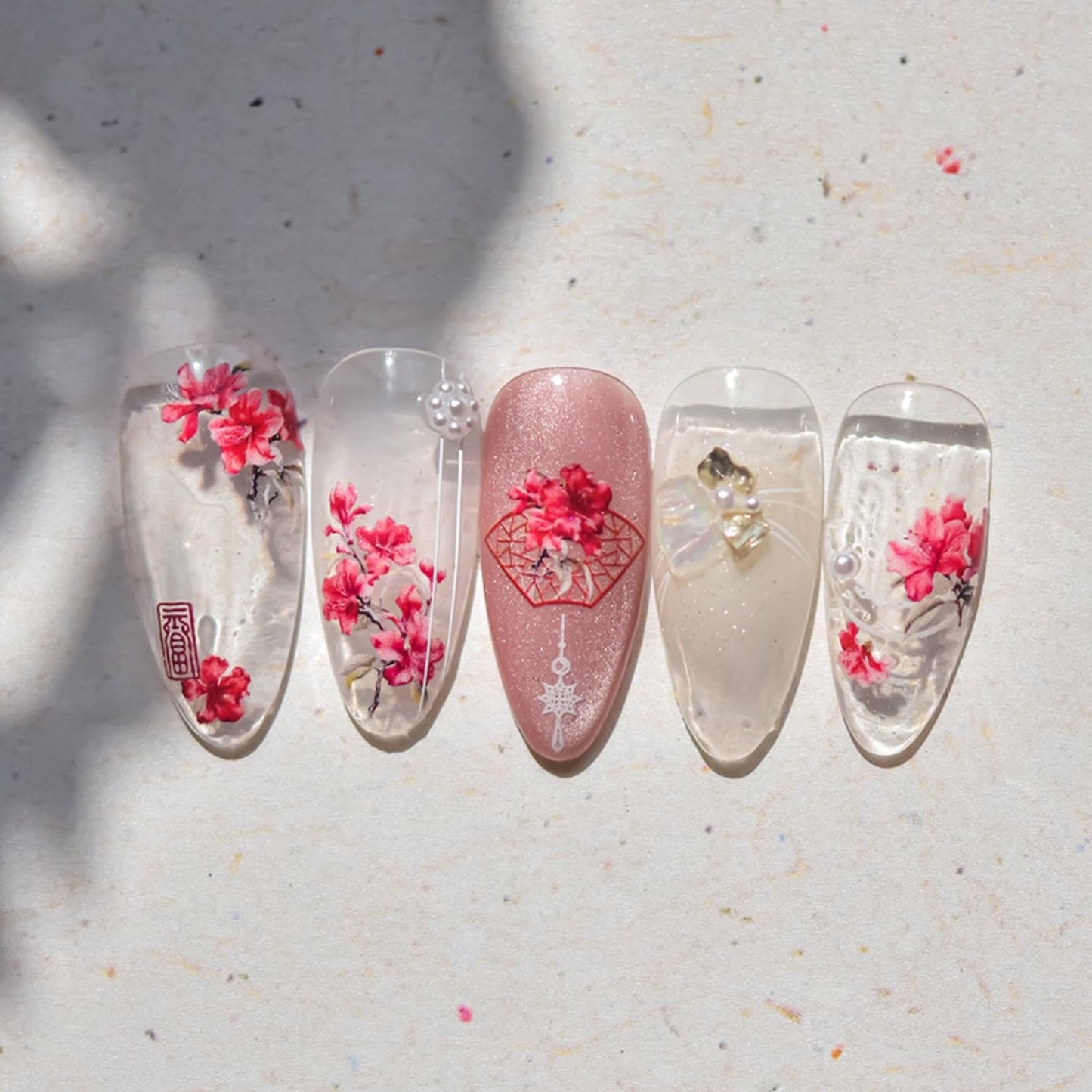 Spring Summer Nail Art Stickers 5D Self Adhesive Nail Decals Red Flower Nail Stickers for Nail Art Embossed Nails Design Floral Nails Supplies for DIY Manicure Decoration for Women Girls