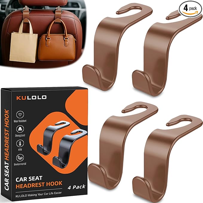 Car Seat Hooks & Purse Holder - 4 Pack Boxed,55 lb Heavy Duty,Eco PP Car Hooks for Purse/Bag/Baby Gear/Gym Bag/Groceries/Cup/,Fits 0.32-0.55âÂÂCar Headrest Rods (Brown)