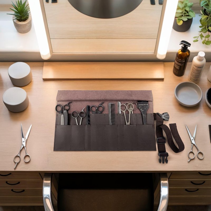 Under NY Sky Salon Scissors Roll Up Holder – Professional PU Leather Pouch Case for Hair Stylists, Barbers & Hairdressers – Portable Storage Organizer for Hair Cutting Shears & Salon Tools - Brown