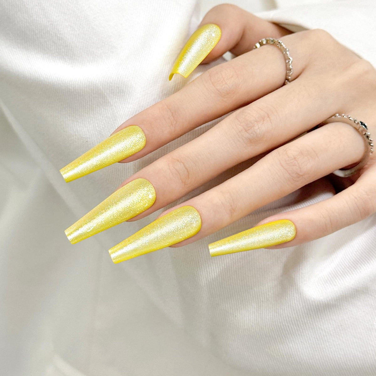 Yellow Cat Eyes Press On Nails,12 Sizes - 24 Pcs Soft Gel Yellow Long Coffin Fake Nails Kit with Nail Glue, Natural Reusable Stick On False Nails for Women and Girls SK1052