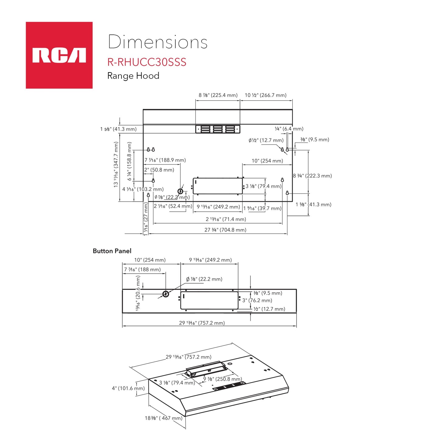 RCA R-RHUCC30SSS 30 in. Century Collection Ductless Under Cabinet Range Hood, Reusable Filter, Rocker Switch, Light, Stainless Steel
