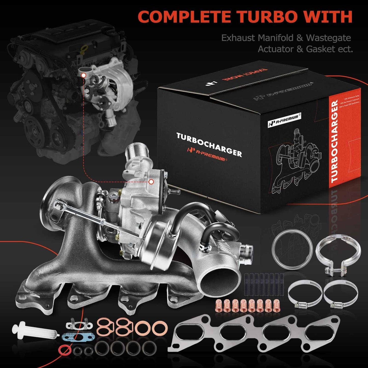 A-Premium Turbo Turbocharger and Complete Installation Kits Compatible with Buick, Chevy Vehicles - 1.4L Turbo - Encore 2013-2021, Cruze 2011-2015, Sonic 2012-2020, Trax 2013-2021 - Replaces 55565353