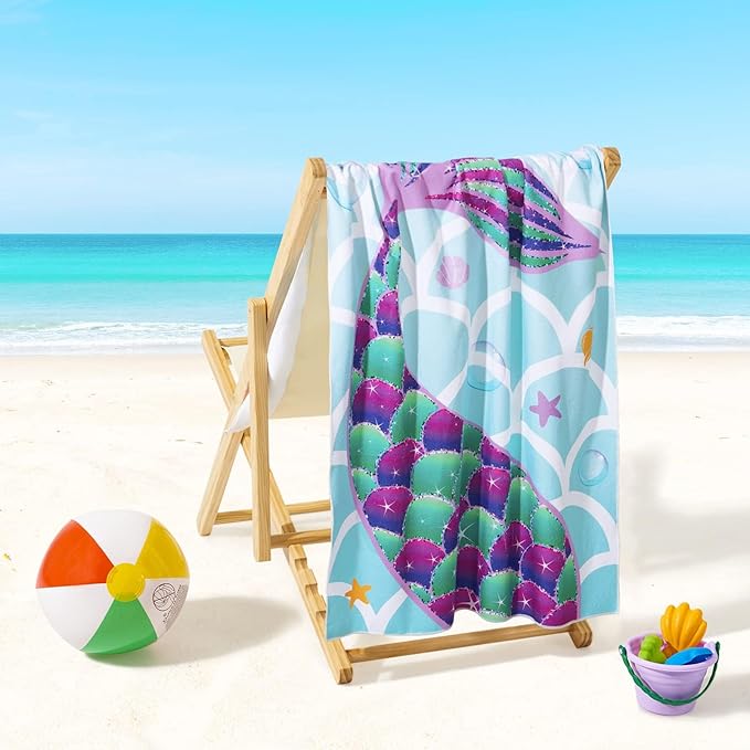 WERNNSAI Mermaid Kids Beach Towel for Girls - 30” x 60” Mermaid Sand Free Swim Towels for Girls Bath Pool Camping Travel Towel Quick Dry Ultra Absorbent Super Soft Beach Blanket Bath Shower Towel