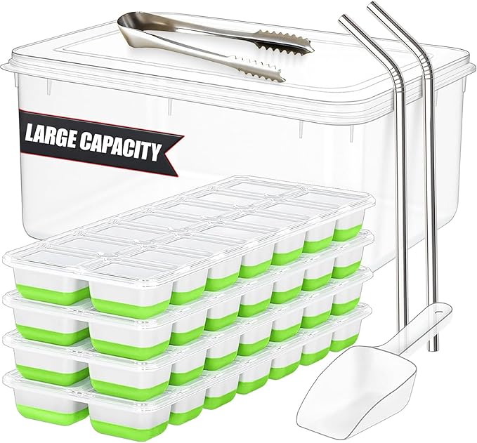 56pcs Ice Cube Tray with Lid and Bin â Stackable 4 Trays Silicone Plastic Freezer Mold, Large Ice Bucket with Scoop, Tong & 2 SS Straws â Easy Release Ice Maker for Cocktail, Coffee, RV, Whiskey