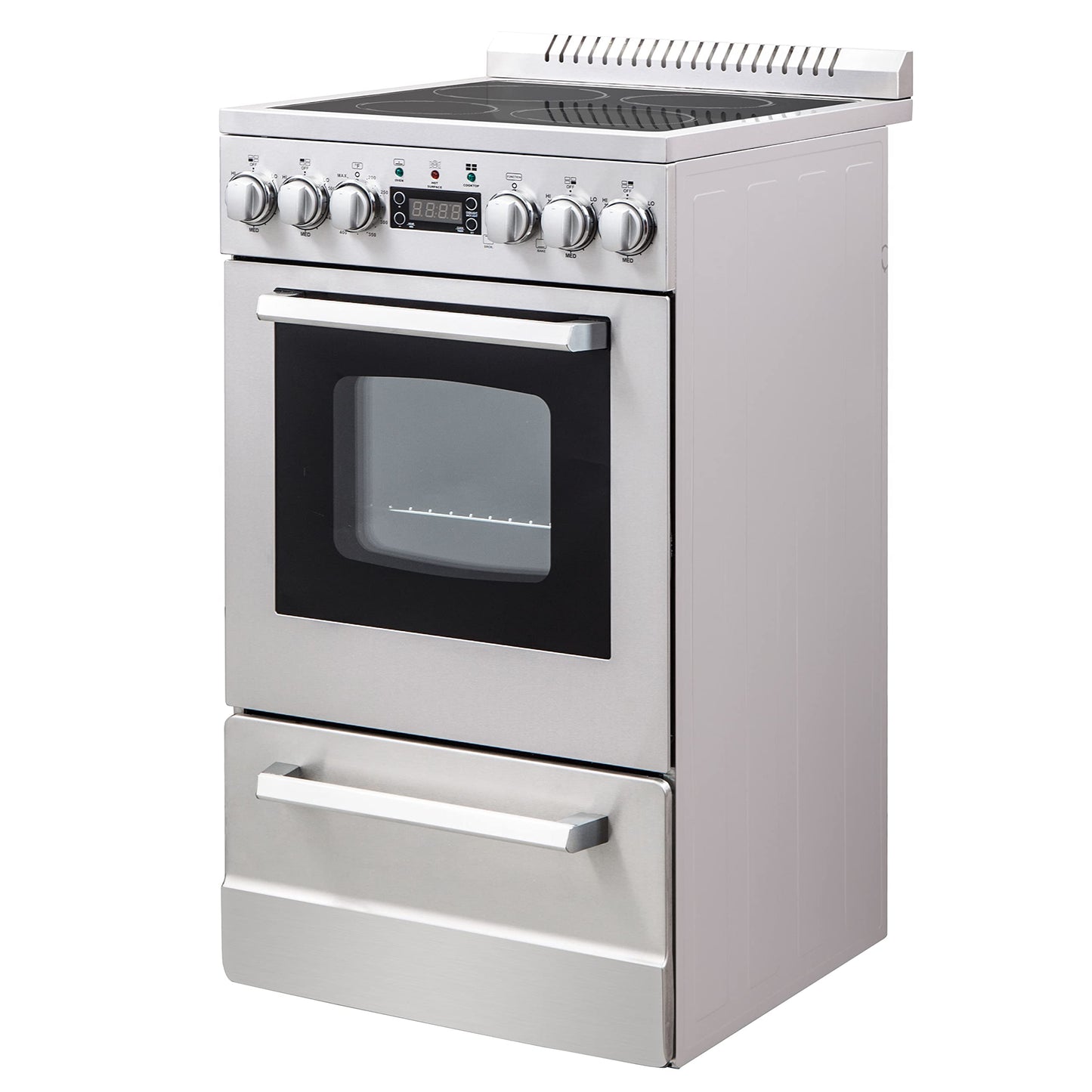 Avanti Electric Range Oven ELITE Series Compact Design, 2-Cu.Ft. Capacity with 4 Coil Burners, Framed Glass Oven Door, Storage Drawer and Broiler with Pan, 20-Inch, Stainless Steel