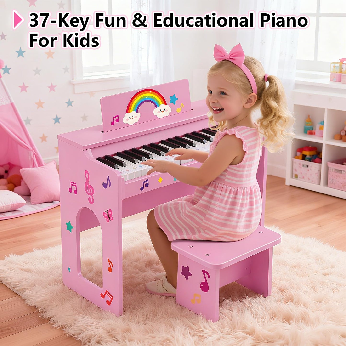 Kids Piano Keyboard, 37 Keys Wooden Digital Piano for Kids with Bench,Song Book, DIY Stickers, Cover, Education Creative Musical Instruments Toy for Boys & Grils Gifts
