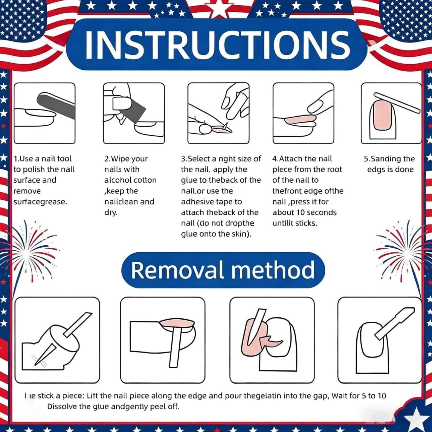 CLYHLTMZ Independence Day Press on Nails Short Almond Fake Nails 4th of July USA Day Glue on Nails Red White Stripes with Flowers Design Glossy Reusable Acrylic Stick on Nails for Women 24 Pcs