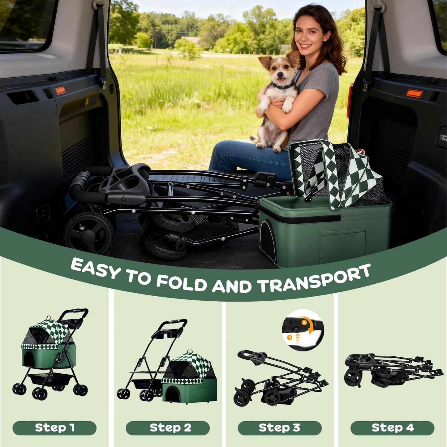 PUPIHOM Foldable pet Stroller for Cats with Detachable Weather Cover, 4 Wheels Pet Strolling Cart for Dogs and Cats with Storage Basket and Cup Holder(Green)