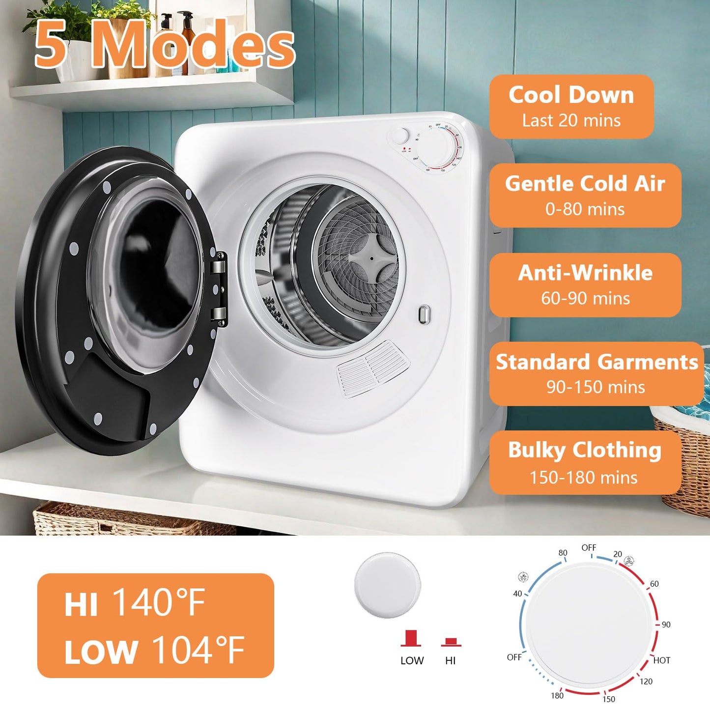DOGHLY Portable 32Lbs Twin Tub Washer + 1.8 Cu.Ft Dryer Combo, 20Lbs Washing & 12Lbs Spinning, 5 Modes Rotary Heating Dryer, Stainless Steel Drum, Washer and Dryer Combo Set for Apartment, Dorm, RV