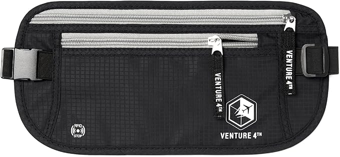 VENTURE 4TH Money Belt for Travel â Hidden Under-Clothes RFID Blocking Passport Holder & Slim Travel Wallet Pouch for Men & Women to Protect Cash, Cards & Documents (Black)