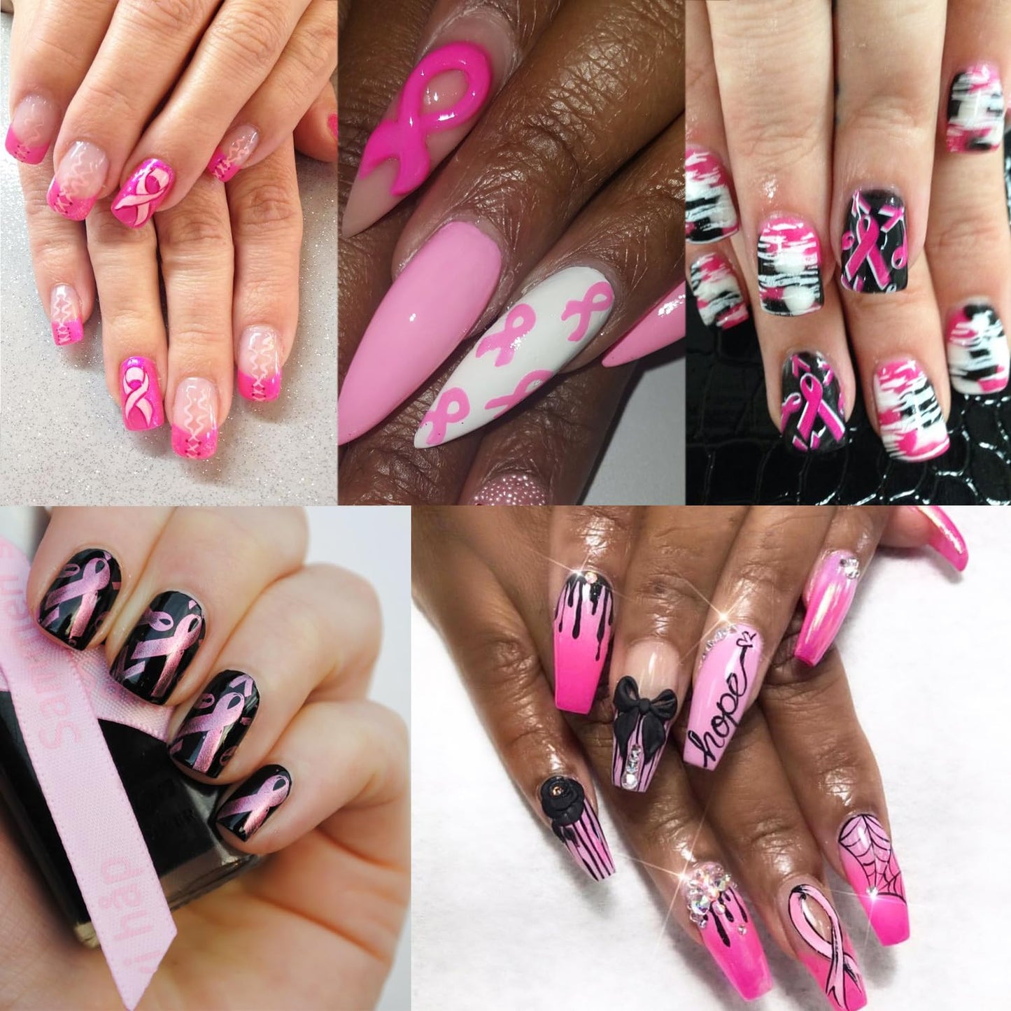 8 Sheets Pink Breast Cancer Awareness Nail Stickers for Nail Art Pink Ribbon Nail Decals 3D Self-Adhesive Breast Cancer Nail Art Stickers Heart Hope Letter Nail Design Decals for Women