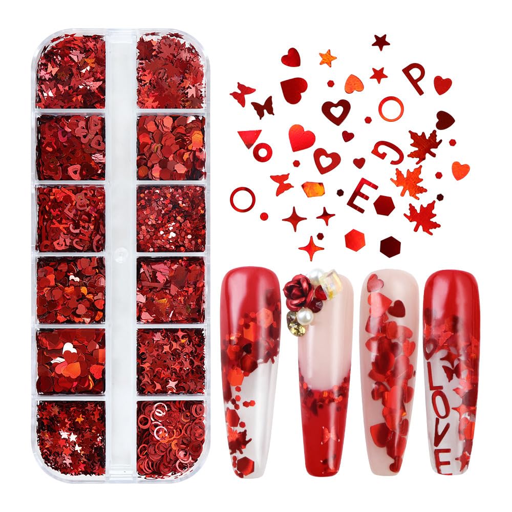 AWDSLUY 12 Grids Valentine's Nail Art Glitter Sequins 3D Sparkly Love Heart Shape Nail Art Sequins 3D Holographic Laser Letter Butterfly Star Maple Leaves Nail Glitter Flakes for Women Manicure Charm