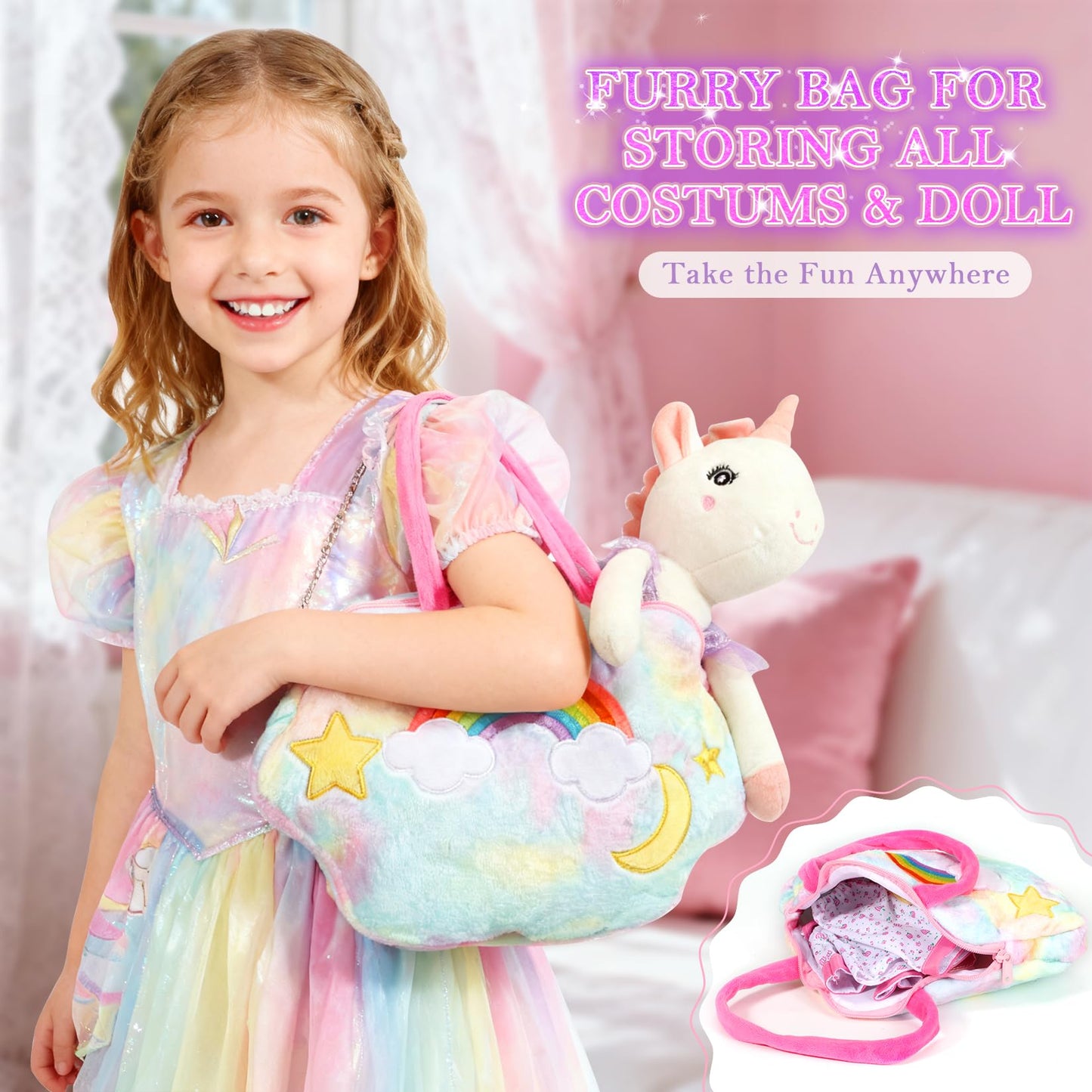 HUITEM Unicorn Toys for Girls Age 4-6, Ballerina Doll Stuffed Animal with 3 Set Clothes, Plush Bag, Accessories, 16 inch Unicorn Doll Toys Birthday Gift for 3 4 5 6 Year Old Little Girls