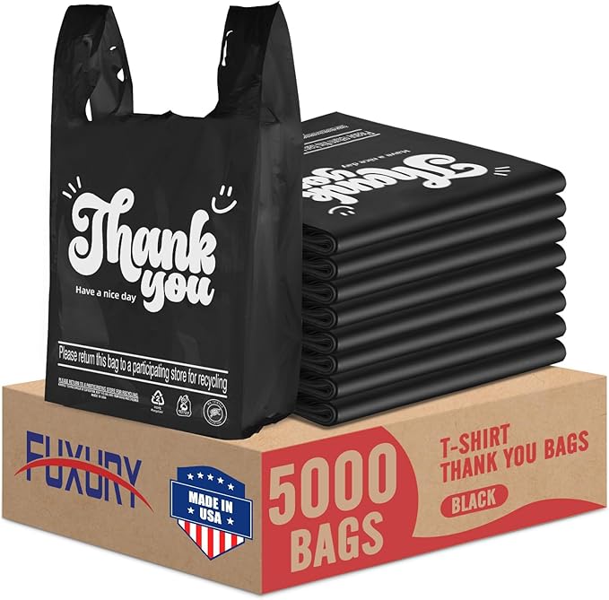 Fuxury 5000 (5K) Count Thank You Plastic Bags (11.5" x 6.5" x 21") for Small Business Black, T-shirt, Grocery, Take Out, To Go, Retail Shopping Bags in Bulk