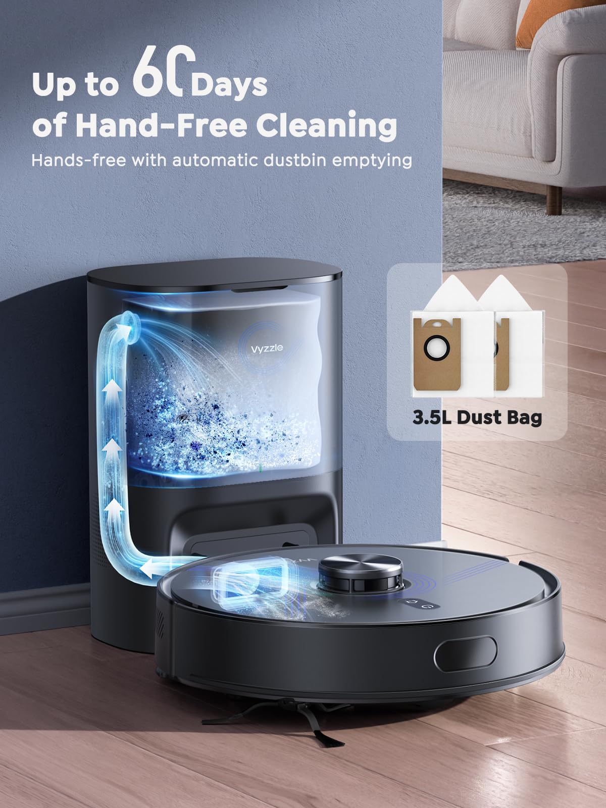 Vyzzle Robot Vacuum and Mop, 4-in-1 Robotic Vacuum Cleaner with Self-Emptying Base, 6000Pa Vacuum Robot with LiDAR Navigation, 60 Days Capacity, Ideal for Pet Hair, Hard Floors, Carpet, E20