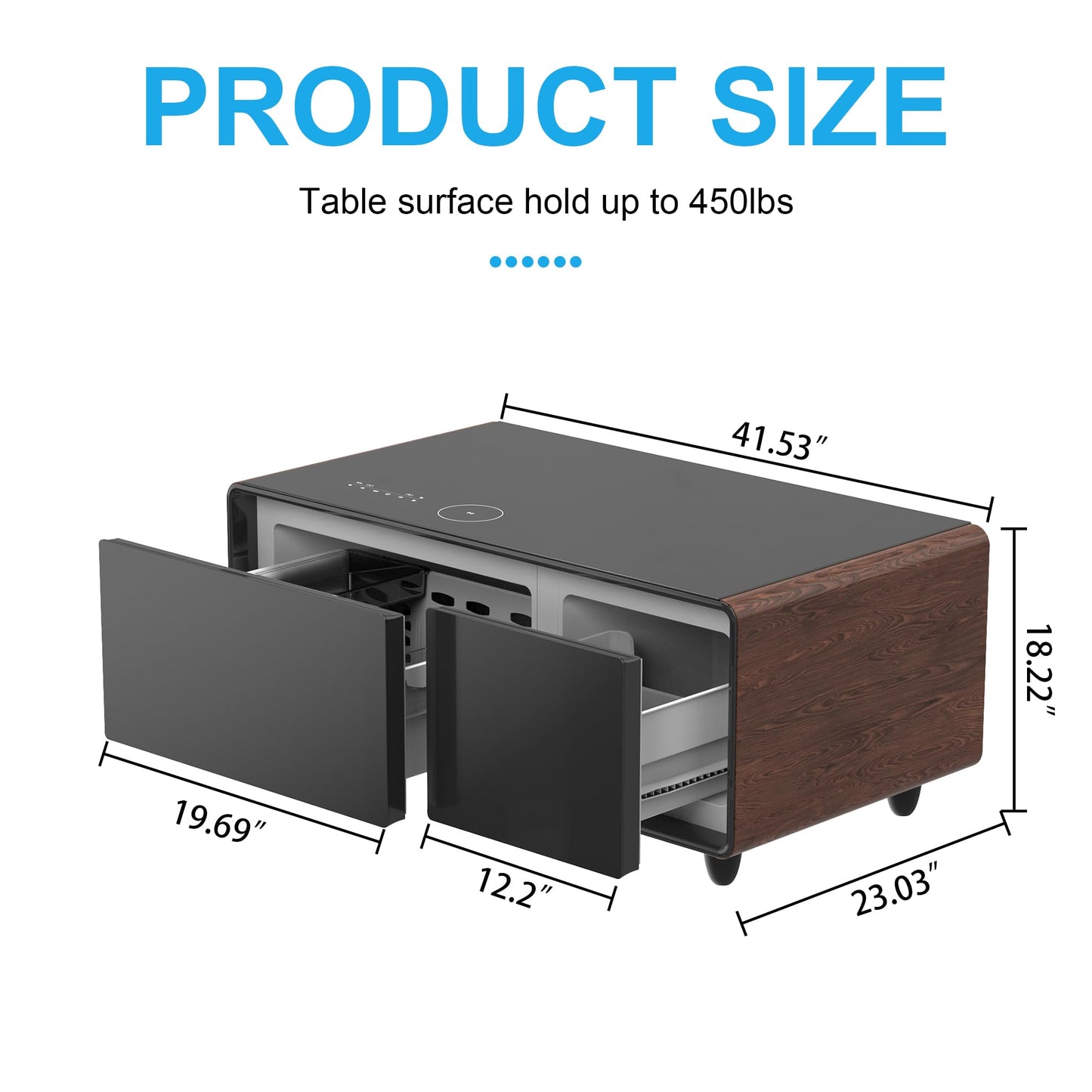 Smart Coffee Table with Fridge, Bluetooth Speakers, Wireless Charging, Modern Living Room Table with Dual USB, Type-C Ports, 23" D x 41.5" W x 18.2" H, Brown