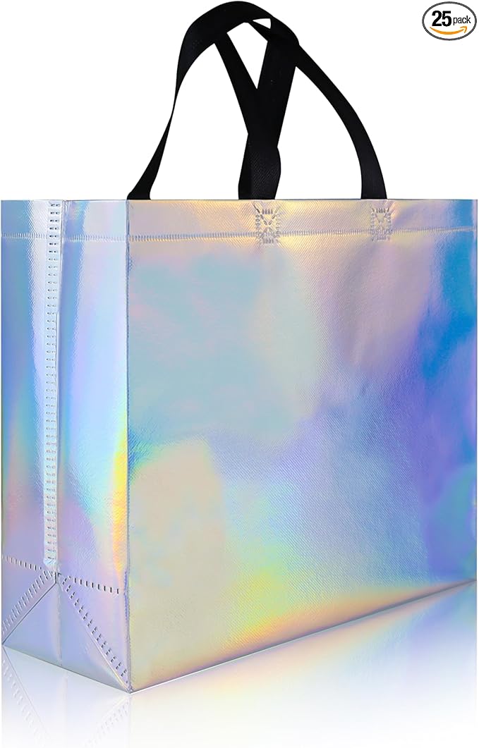 cabzymx 25 Pcs Iridescent Glossy Reusable Gift Bags with Handles & Sturdy Bases, 12.6x4.7x11 In Holiday Party Gift Bags Bulk for Birthday, Wedding, Xmas, Thanksgiving
