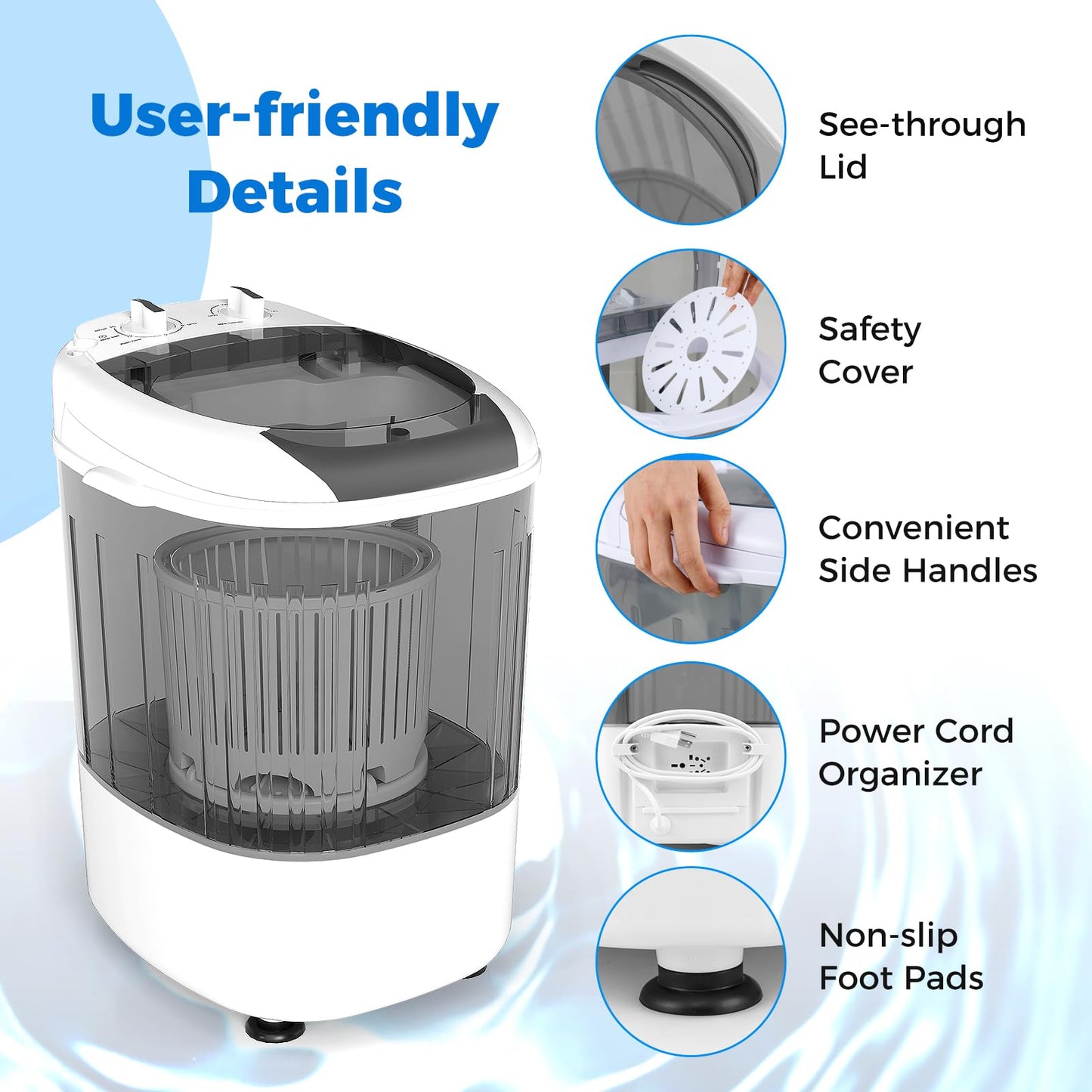 COSTWAY Mini Portable Washing Machine, 5.5 lbs Capacity, Compact Laundry Washer with Spin Tub & Drain Hose, Perfect for Apartment Dorms RV Home (Grey)