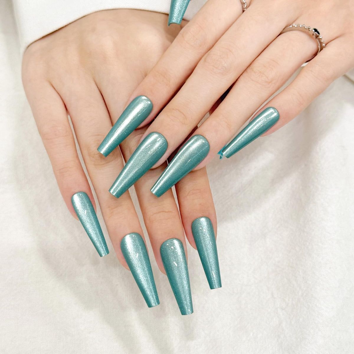 Sky Blue Cat Eyes Press On Nails,12 Sizes - 24 Pcs Soft Gel Blue Long Coffin Fake Nails Kit with Nail Glue, Natural Reusable Stick On False Nails for Women and Girls SK1048