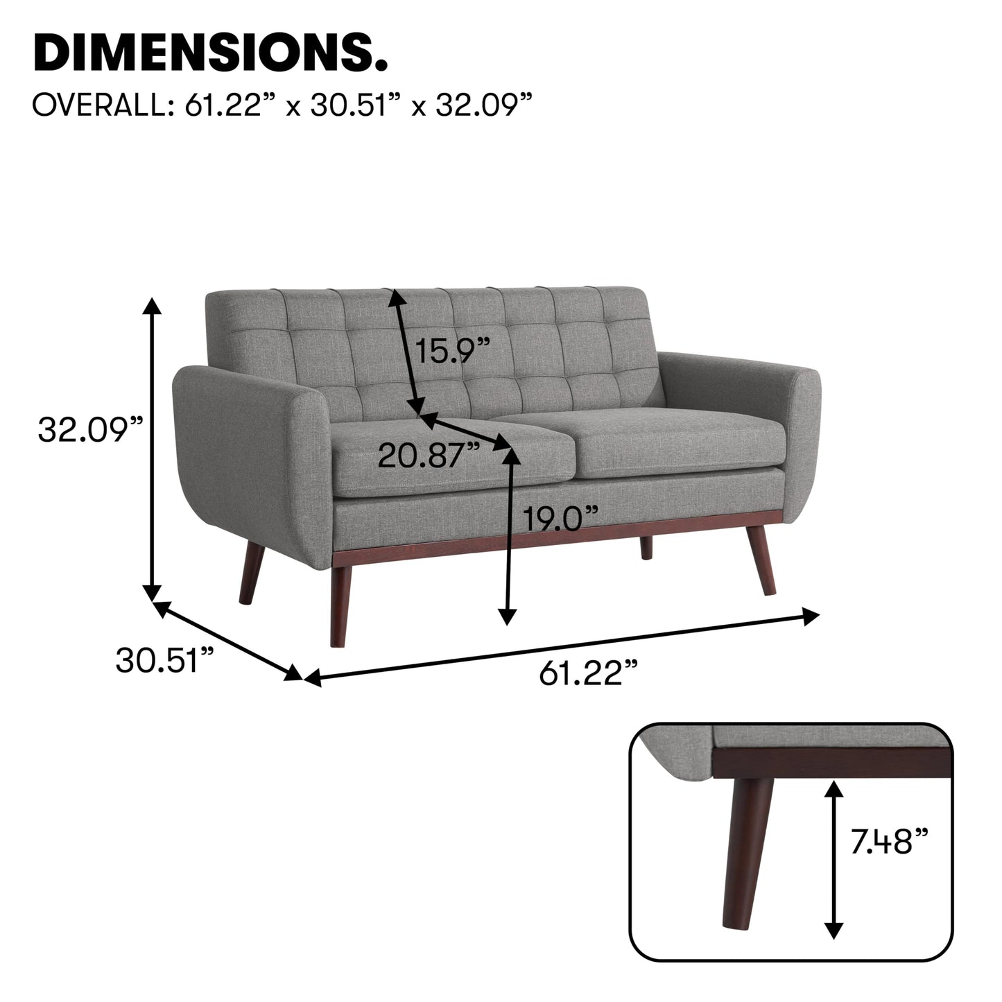 Serta® David 61.2" Modern Sofa, Tufted Back Cushion, Rounded Arms, Solid Wood Legs, Dream Coil® Comfort, Woven Polyester Fabric, Gray