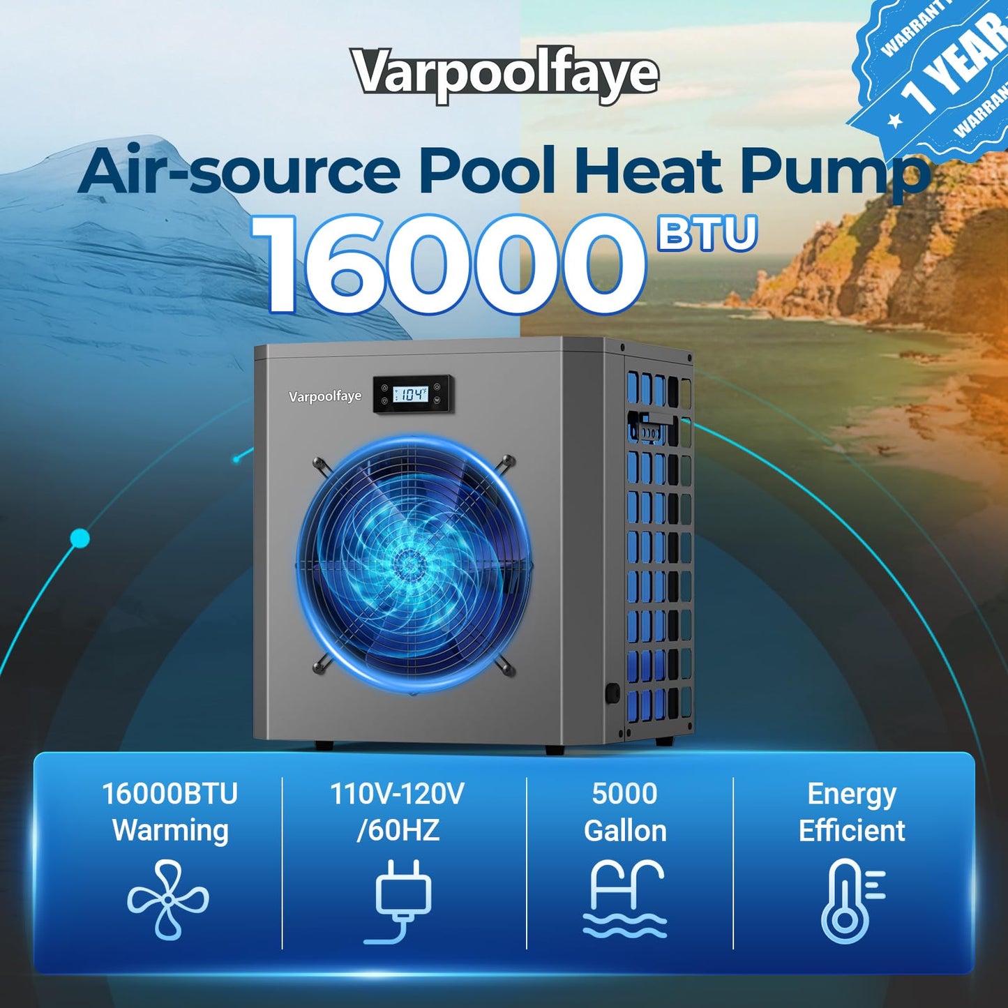 Varpoolfaye 16000 BTU Swimming Pool Heat Pump 5000 Gallon Electric Pool Heater for Above Ground Pool 5KW Heating or Cooling WiFi Control Timer Pool Heater 120V 60Hz
