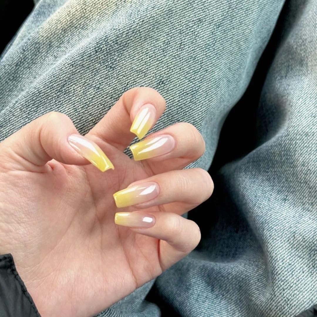 MIXNEX 10Pcs Press On Nails β Medium Long Coffin Mango Yellow Ombre Fake Nails for Petite Hands β Handmade Glossy Stick On Nail Tips with Storage Box & 5-in-1 Manicure Kit (Mango Yellow, Short)