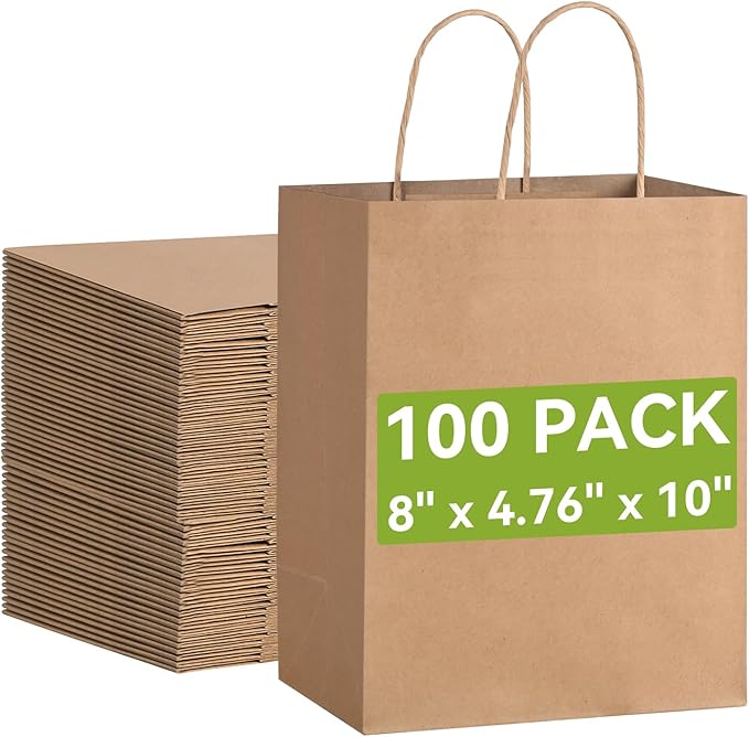 Brothersbox Brown Gift Bags with Handles 100PCS, 8 * 4.76 * 10 Inch Medium Kraft Paper Bags Bulk for Craft Shopping Business Party Favor Retail Birthday Grocery