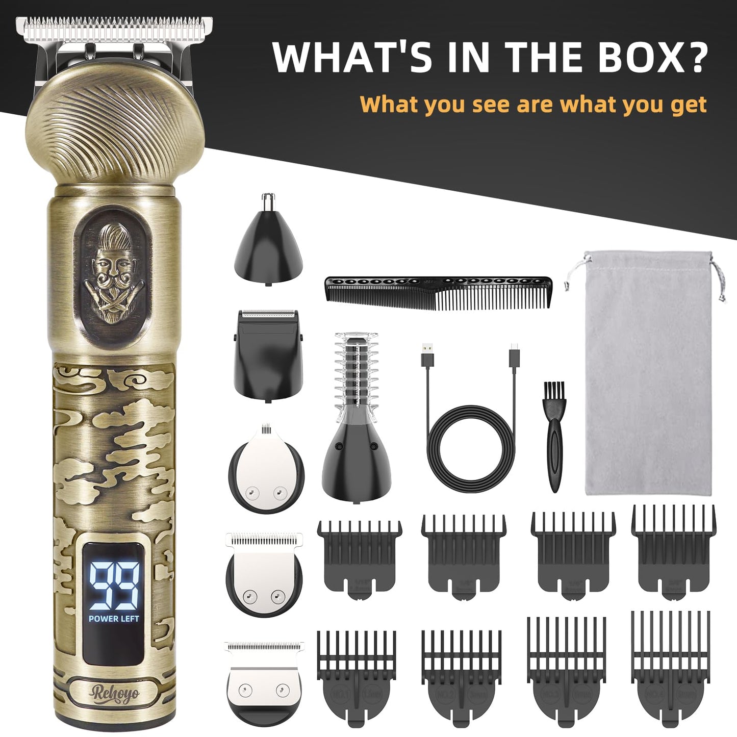 REHOYO Beard Trimmer for Men, Waterproof Cordless Hair Clipper, Electric Razor Shaver, Mens Grooming Kit for Mustache Nose Body Facial Hair, Rechargeable Beard Trimmer Kit, Gifts for Men