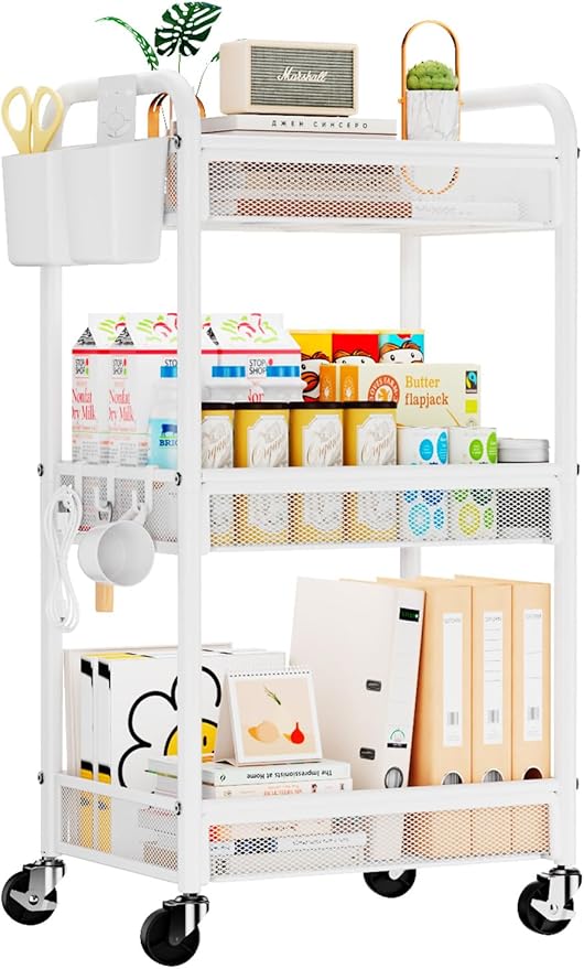 YASONIC 3 Tier Rolling Cart â Metal Utility Storage Carts with Wheels, Craft Carts Organizer with Hanging Cups, Hooks, Mesh Basket for Bedside Kitchen Office Art, White