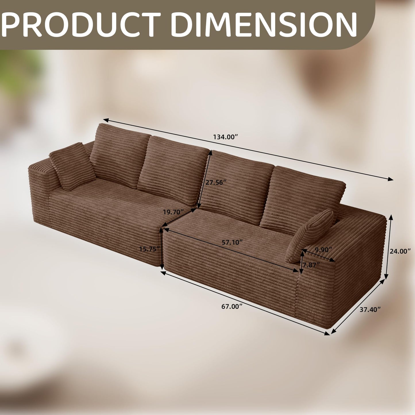 WJShome 134” Modular Sectional Cloud Couches, Upholstered Deep Seat Boneless Sofa for Living Room, Aprartment, No Assembly Required, Brown