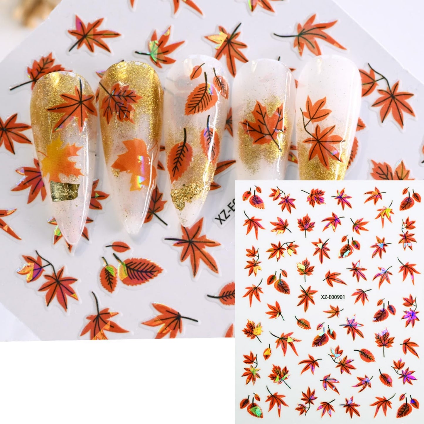 12 Sheets Fall Maple Leaves Nail Stickers Jelly Golden Fallen Leaves 5D Nails Decals Self-Adhesive Thanksgiving Nail Art Supplies for Women Girls DIY Manicure Decorations