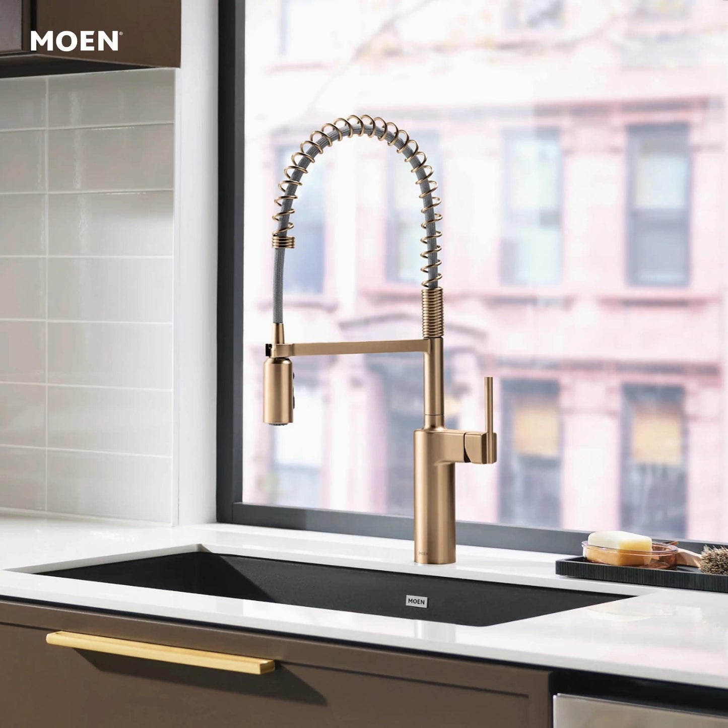 Moen Inara Bronzed Gold Spring Pulldown Kitchen Faucet with Pre-Rinse and Power Boost, Modern Kitchen Faucet, One-Handle Easy Installation, 87863BZG