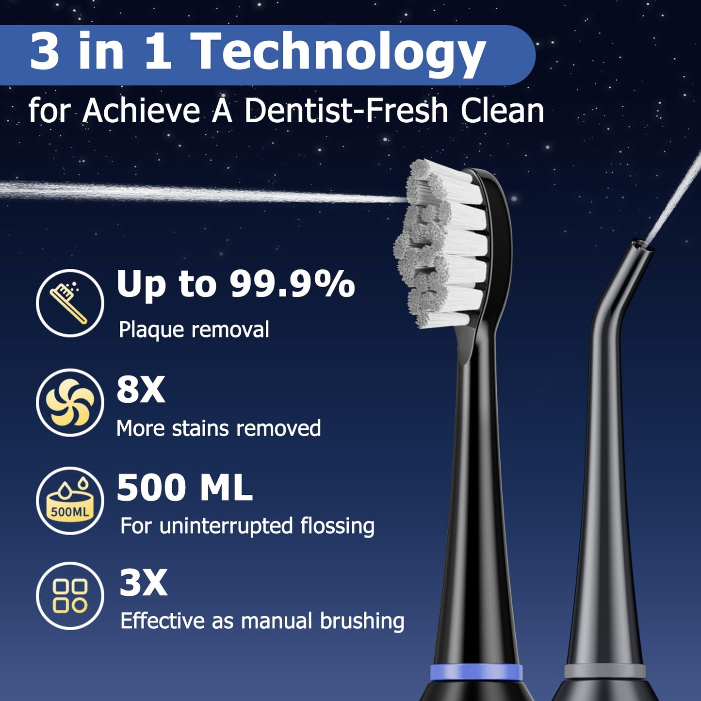 Electric Toothbrush with Water Flosser, Upgrade Flossing Toothbrush Combo with 3 Brush, 5 Floss Speeds& 3 Brush Modes, 500mL Tank, 30-Day Battery, for Adults & Teens, Gums, Braces-Black