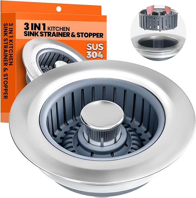 Kitchen Sink Drain Strainer - Upgraded Kitchen Sink Stopper,Sink Stopper Kitchen Drain,Stainless Steel Drain Plug with Anti-Clog Basket Drain Stopper Combo,for Standard 3-1/2'' Drain,Grey
