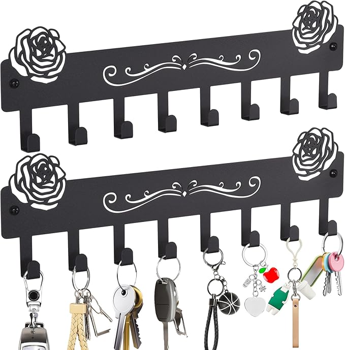 2-Pack Premium Iron Key Holder for Wall â Dual Installation: Wall Mount & Adhesive, 8 Hooks Key Rack for Entryway, Bathroom, Kitchen, Office