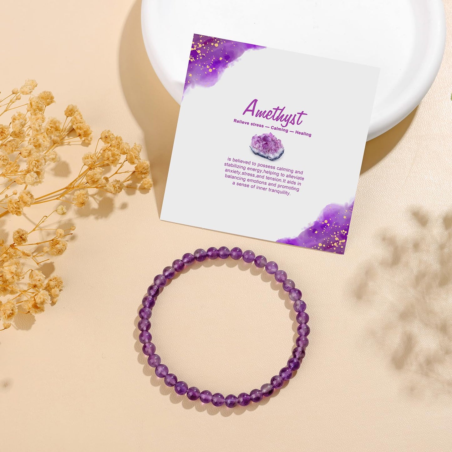 GolbalJew Natural Gemstone Beads Bracelets Healing Crystal Stone Beaded Bracelet for Women Men Handmade Spiritual Jewelry Gifts, 4mm Amethyst Round Beads