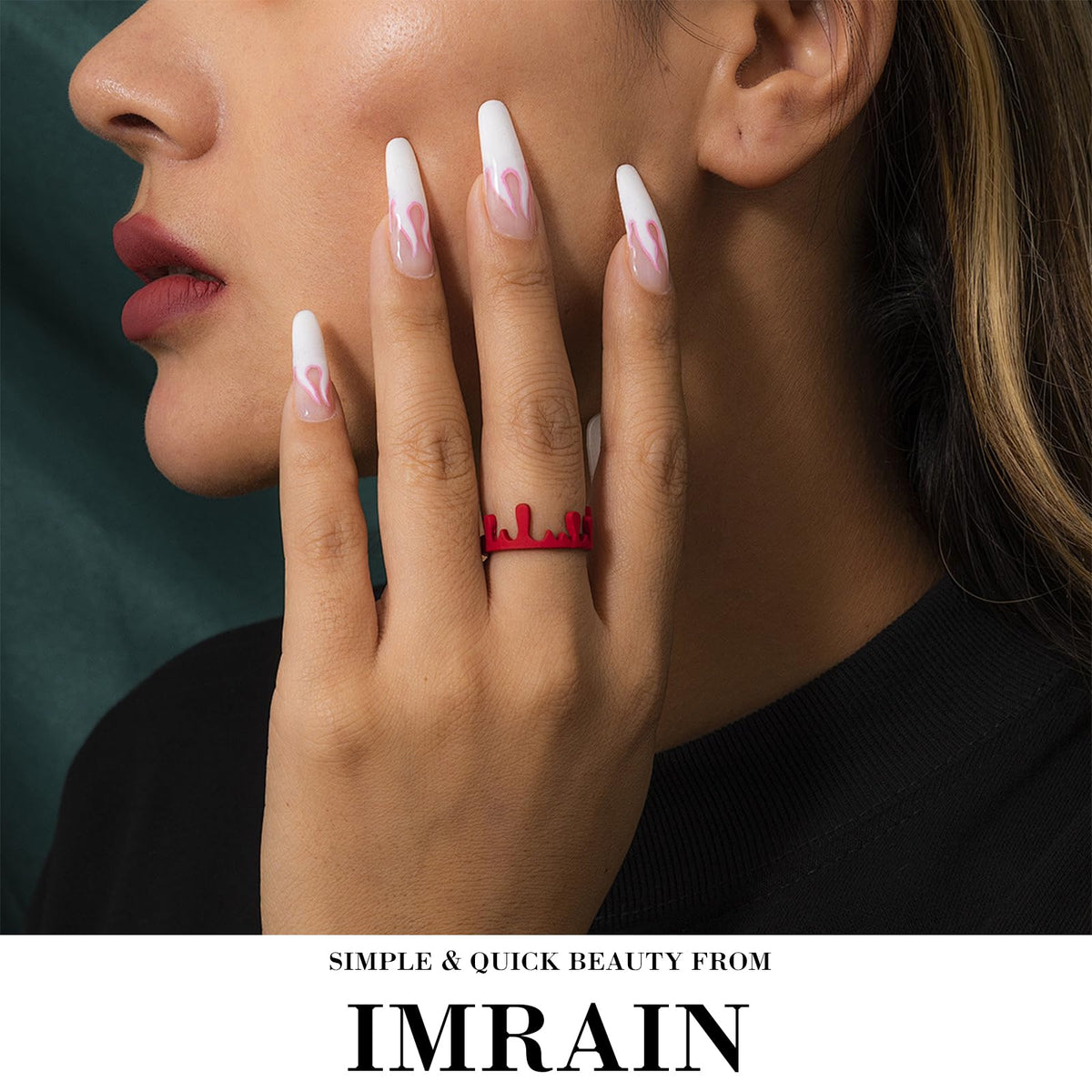 IMRAIN Press on Nails Medium Almond Fake Nails Green Ombre Marble False Nails Full Cover Glossy Artificial Reusable Acrylic Stick on Nails for Women Manicure Kit