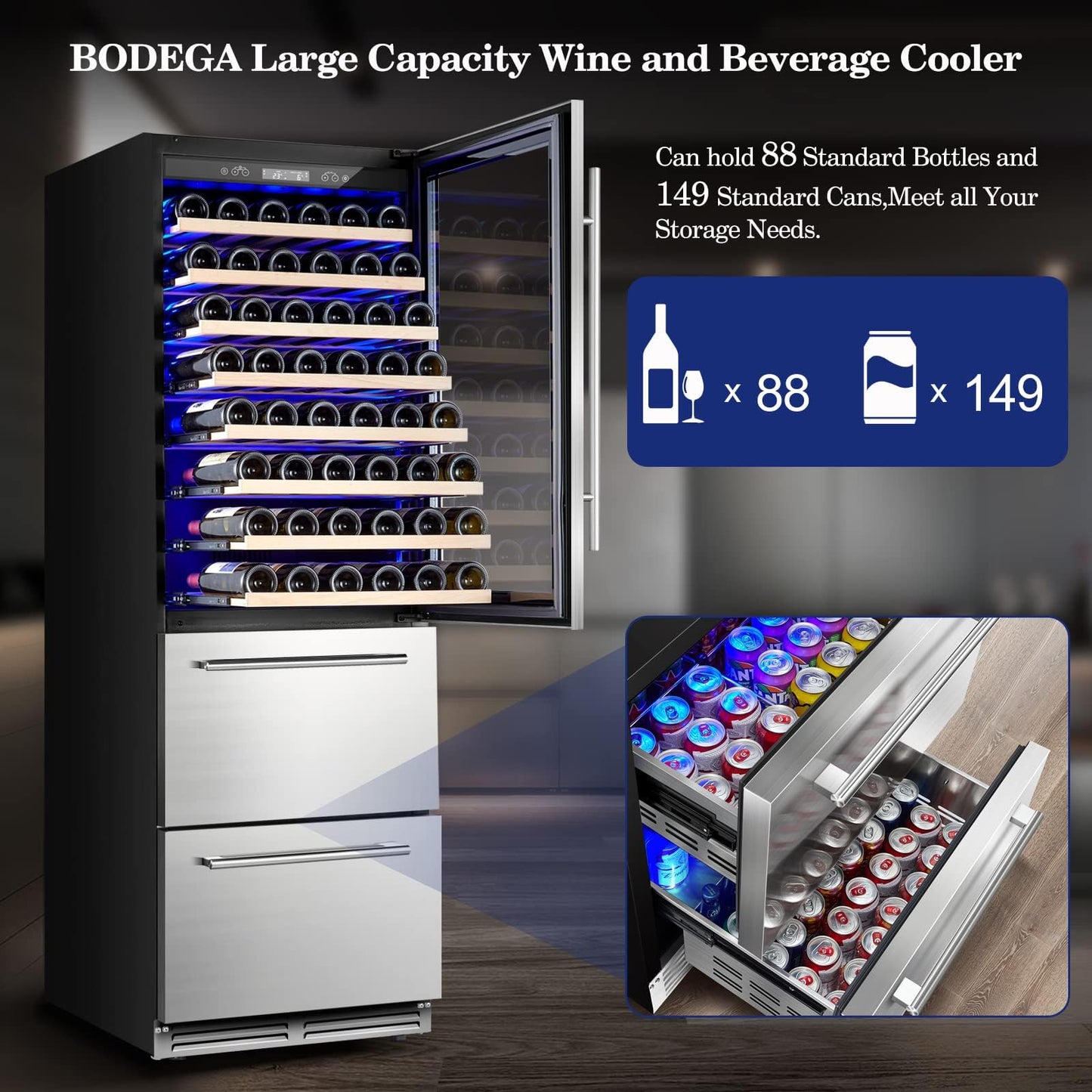 BODEGA Wine and Beverage Refrigerator, 24 Inch 2 IN 1 Dual Zone Wine Cooler,Built-in or Freestanding Beverage Cooler, Soft LED Light Hold 88 Bottles and 149 Cans, silvery