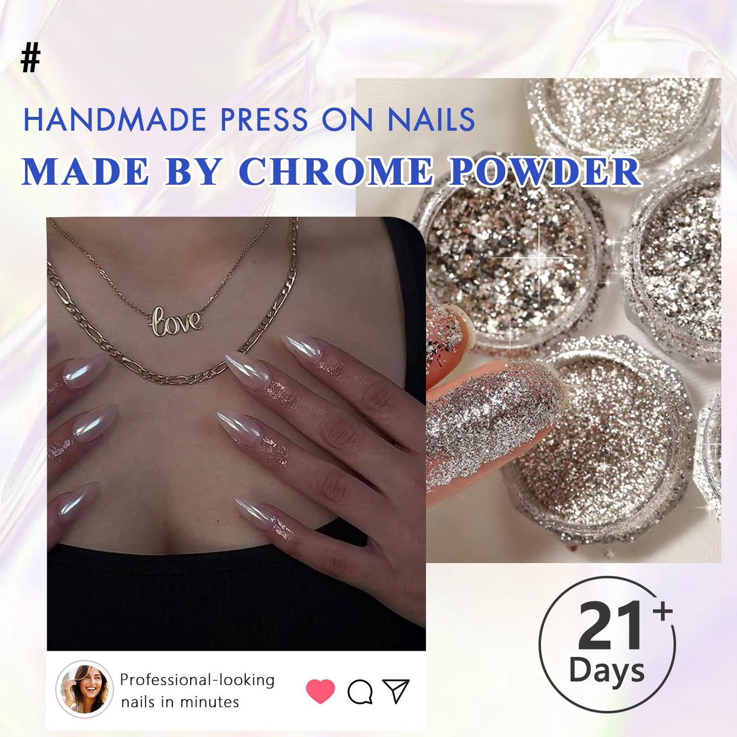 Ombre Brown Press On Nails Almond - KQueenest Chrome French Press On Nails Medium, Glazed Soft Gel Fake Nails Press ons, Glitter Glue on Nails Medium Stiletto, Stick On Nails for Women, 24 Pcs
