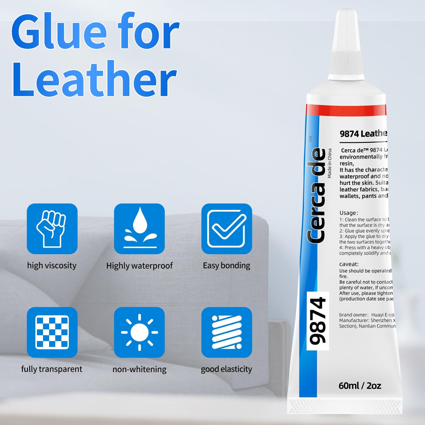 Cerca de Leather Glue,Permanent,Adhesive Clear,Strong, Waterproof,for Sofas, Car Seats, Purses, Professional Leather Repair and bonding, 2 oz.