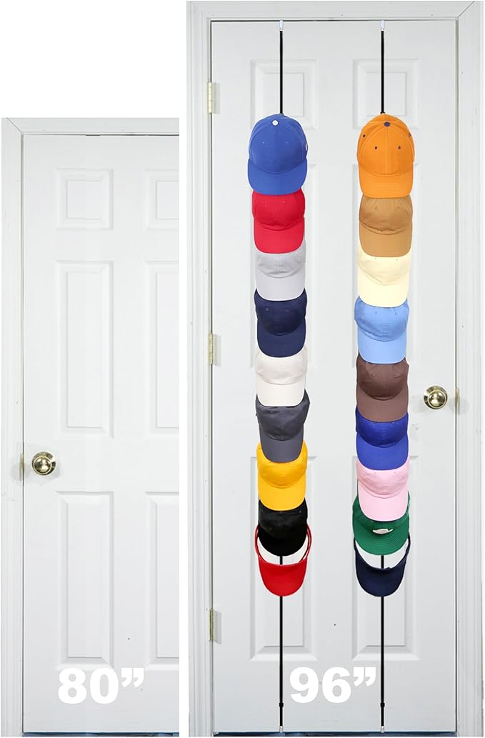 Perfect Curve FOR 8-FEET DOORS ONLY CapRack | Over-The-Door Hat Organizer for Baseball Caps | 2 Straps, Holds 18-36 Adjustable Caps | Black