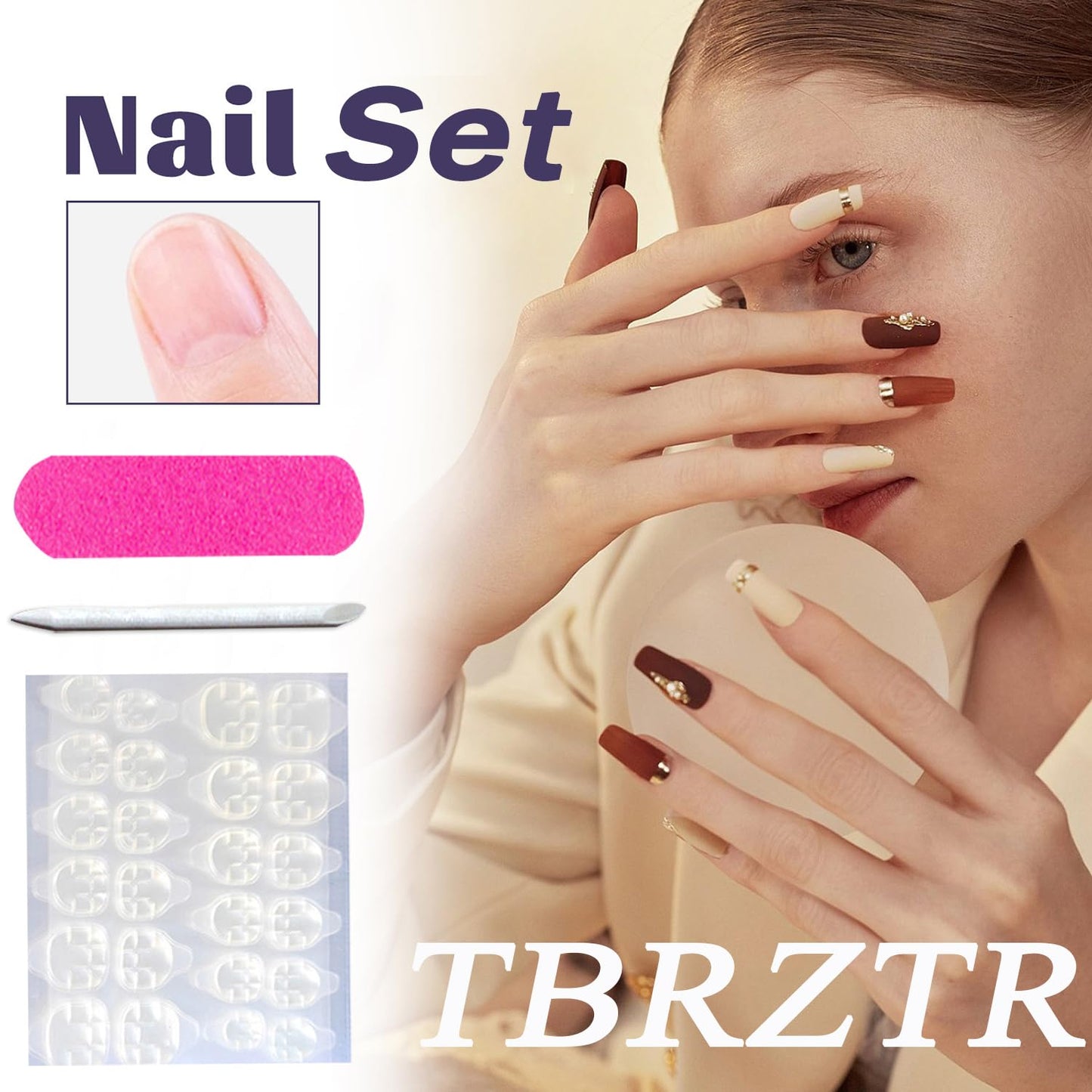 Press On Ballet Shaped Artificial Acrylic Nails - Shine Rhinestones & Blue Sequins Design - Nude French Fake Coffin Nails - Full Cover Reusable Glue On Nails for Women - 24Pcs