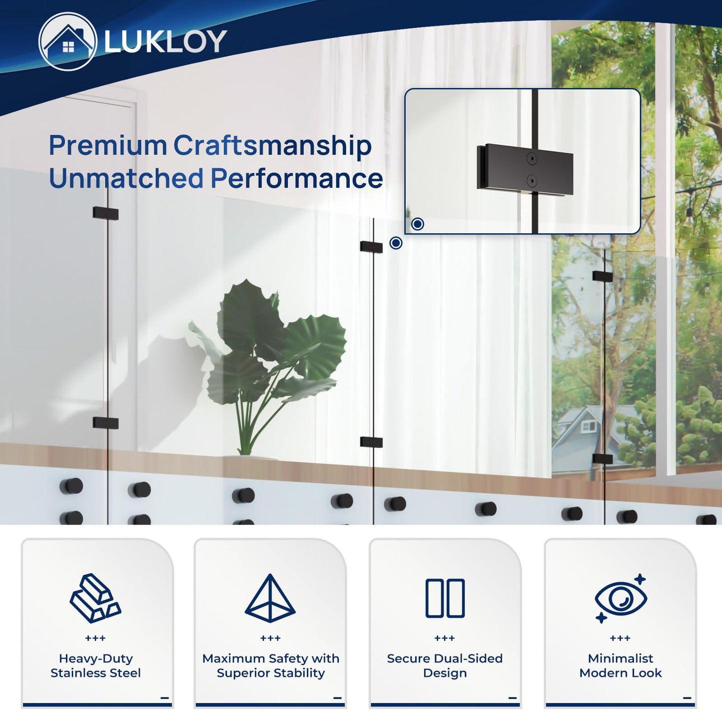 LukLoy 10 Pack Heavy Duty Railing Glass to Glass Clamp, Black 304 Stainless Steel with Dual Powder Coating – No Drill, 180° Angle for Frameless Glass Railing, Pool Fence & Balustrade