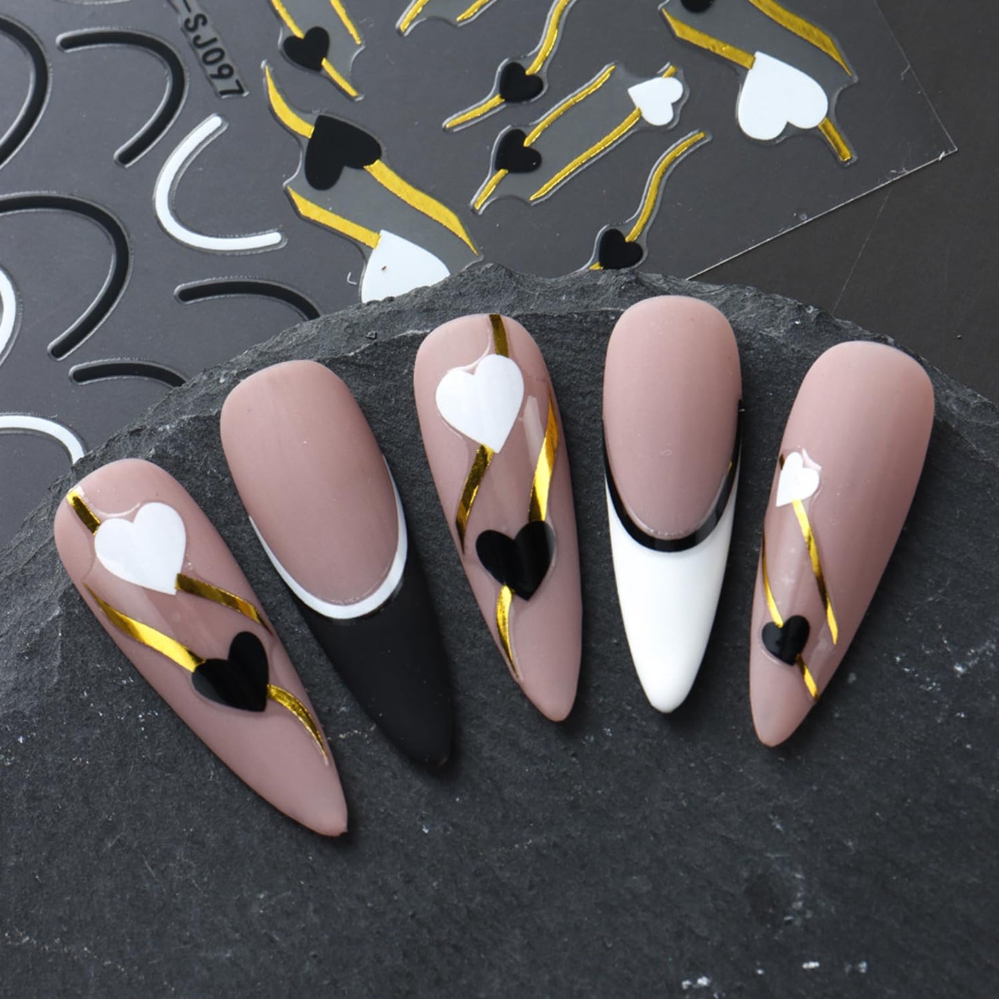 Heart Nail Art Stickers - Valentine's Day Nail Stickers White Black Heart Nail Decals 3D Valentine's Nail Supplies Love Gold-Stamped Lines French Adhesive Decal for Women Girl Nail Decoration 2Sheets