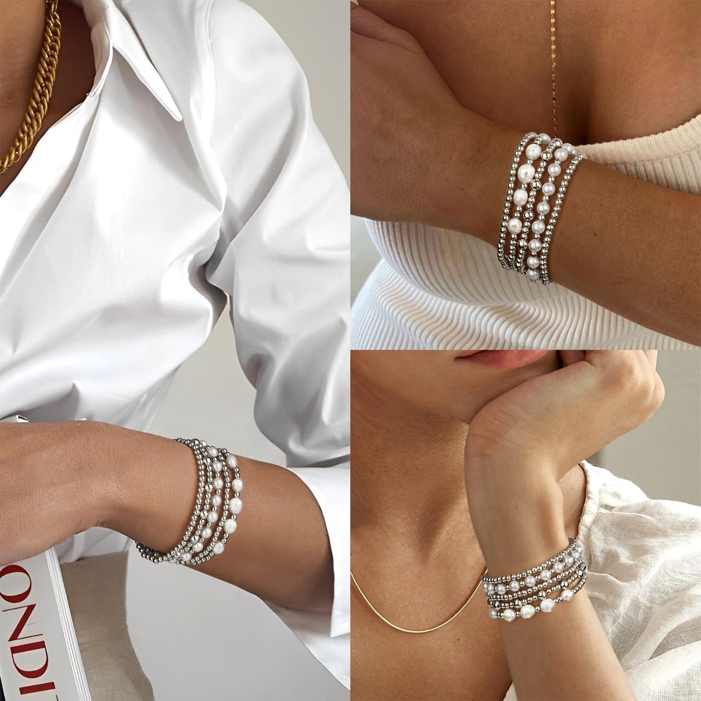 YAKEWA Gold Silver Beaded Bracelets Pack For Women, Adjustable Stretch Pearl Bead Ball Bracelet Stack Set Jewelry Small Gifts For Teen(Silver)