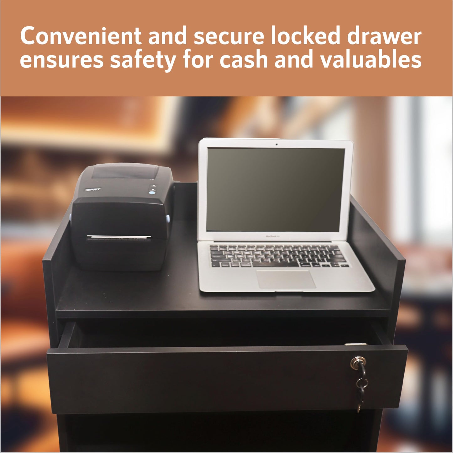 Checkout Counter Cash Register Restaurant Hostess Podium Stand, Measures 38” Height, 24” Width, 18” Length, Equipped with a Lockable Sliding Register Drawer & Wire Cable Hole