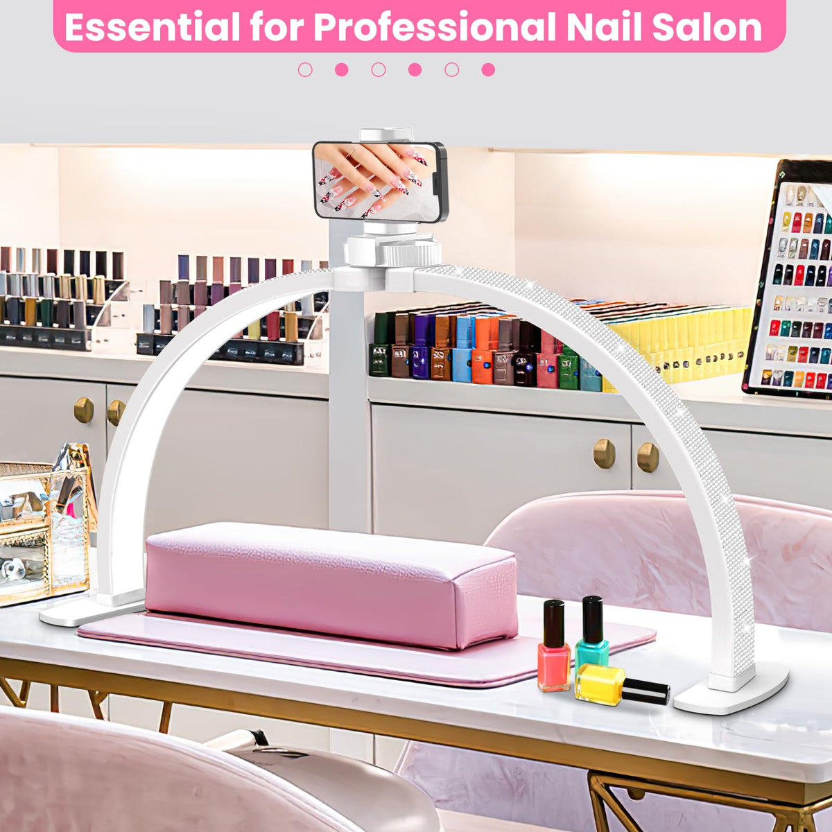 Uiopy Nail Half Moon Light: Arch Rhinestone LED 29in Moonlight with Phone Holder Stand 3 Light Colors /10 Brightness Levels - Professional Nail Salon Esthetician Media Tech(Diamond,Large)