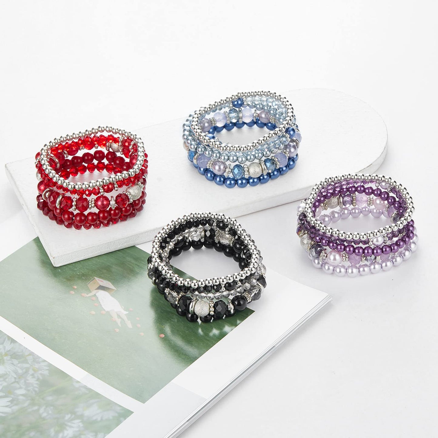 Noessla Beaded Pearl Stretch Bracelet Silver Stackable Crystal Beads Bracelets Trendy Costume Jewelry Mothers Day Gifts for Women(Purple)