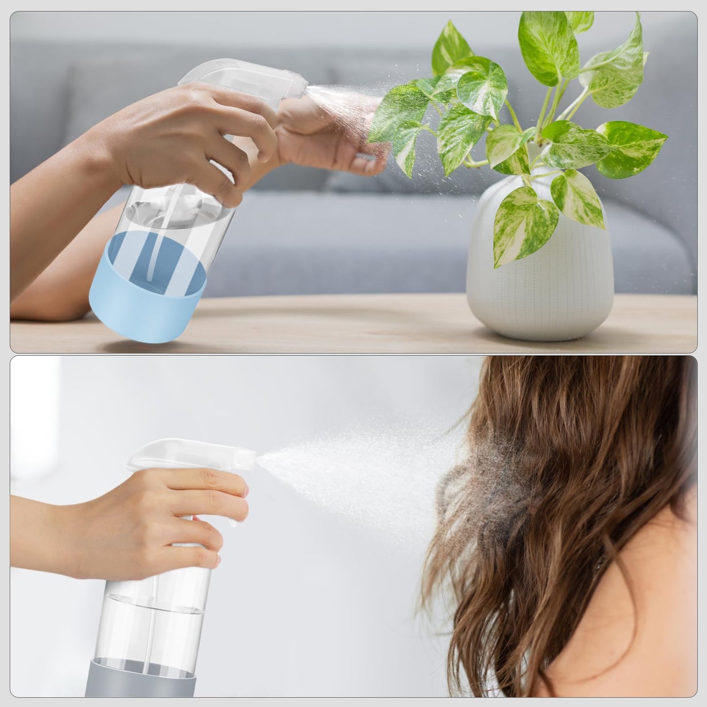 Worldgsb 2 Pack Glass Spray Bottles with Silicone Sleeve, 16 oz Empty Refillable Containers with Adjustable Spray Nozzles, Spray Bottles for Hair, Cleaning Solutions and Plants Blue&Grey