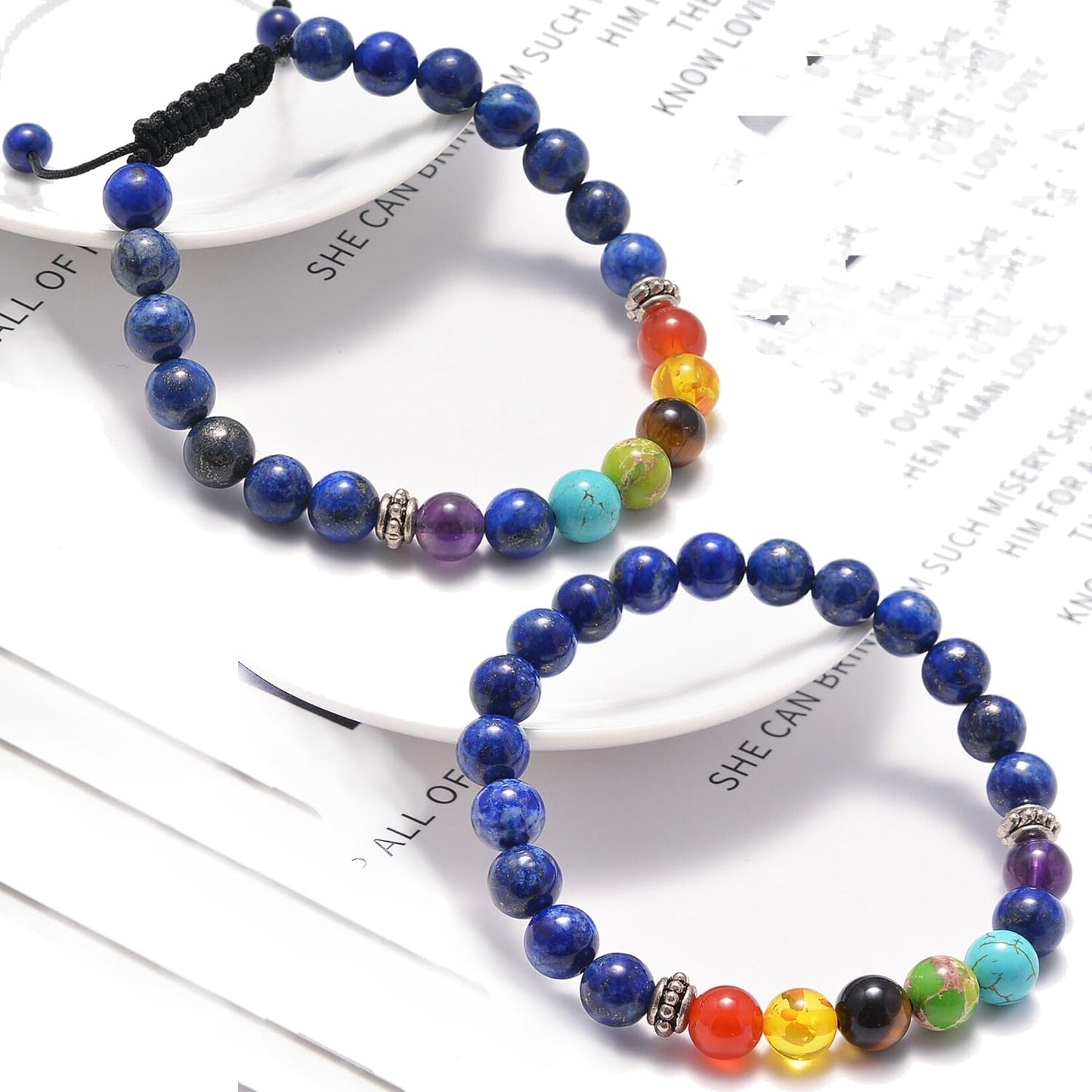 AD Beads 2Pcs His & Hers Distance Beads Bracelets Elastic Natural Stone Yoga Bracelet (7 Chakras-Lapis)